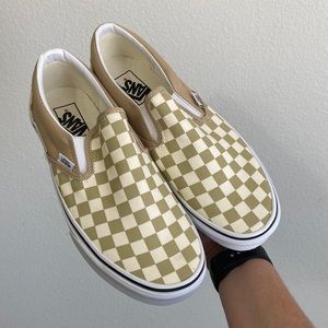 NWOT Tan and Cream Checkered Slip On Vans